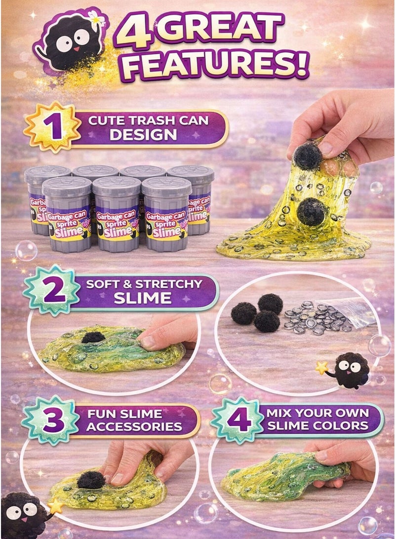 فريق عظيم Greateam Garbage Can Sprite Slime Set of 6 PCS Display Box Mini Trash Can Slime Pots/Jars 6 Pack Soft Mixable Stretchy Gooey Crystal Slime Putty Toy with Slime Accessories (Foam Balls + Metallic Beads Mix-Ins) Squishy Squeeze Stretch Pull Twist Mold Sensory Slime Fidget Toy for Kids Boys Girls Children Educational Learning Toy Fun “Garbage/Trash Bin” Container Design Collectible Slime Jars DIY Mix & Create ASMR Crunchy Beads Texture Sensory Play Stress Relief Anti-Stress Tactile Learning Toy Party Favors Goodie Bag Fillers School Prizes Birthday Giveaway Gift Safe Non-Toxic Materials Ages 3+ - Image 4